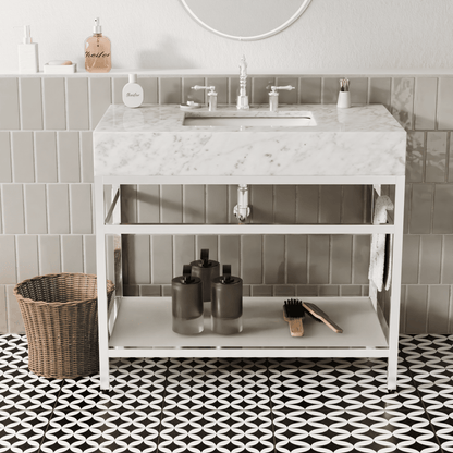 36"x21" Bathroom Carrara Marble Vanity with Sink Freestanding Console Sink(Silver Legs)