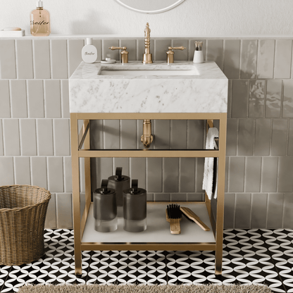 24"x21" Bathroom Carrara Marble Vanity with Sink Freestanding Console Sink(Golden Legs)