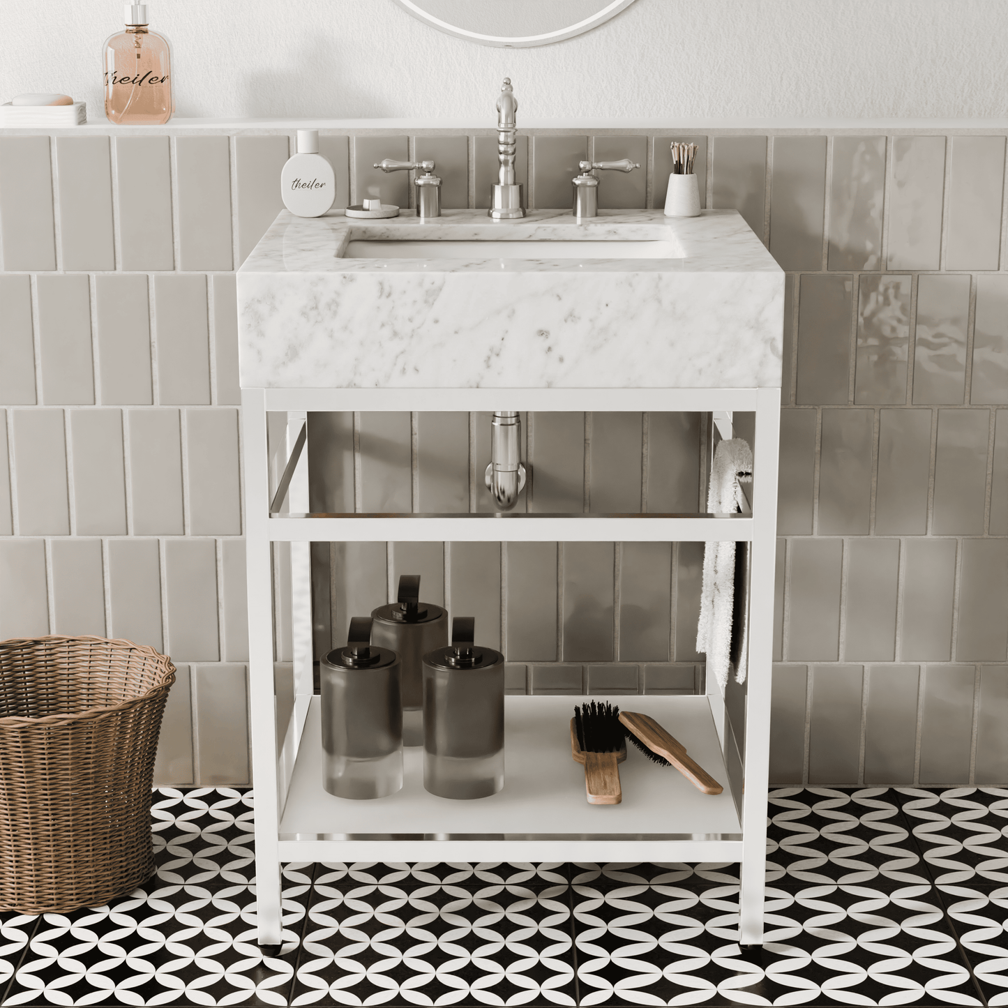 24"x21" Bathroom Carrara Marble Vanity with Sink Freestanding Console Sink(Silver Legs)