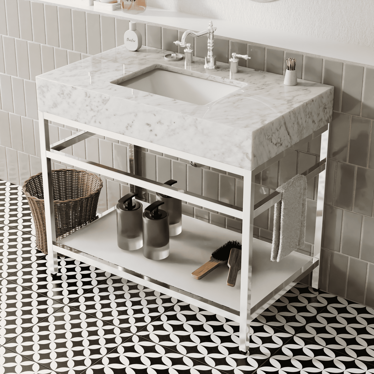 36"x21" Bathroom Carrara Marble Vanity with Sink Freestanding Console Sink(Silver Legs)