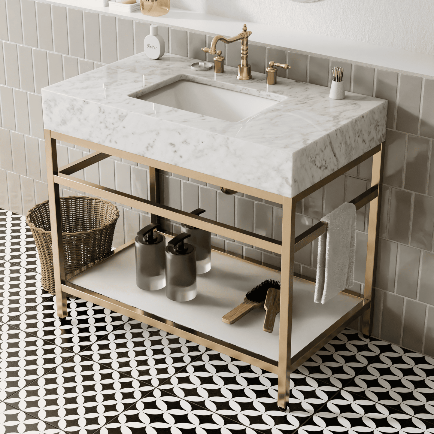 36"x21" Bathroom Carrara Marble Vanity with Sink Freestanding Console Sink(Golden Legs)