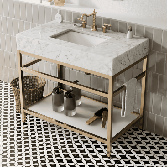 36"x21" Bathroom Carrara Marble Vanity with Sink Freestanding Console Sink(Golden Legs)