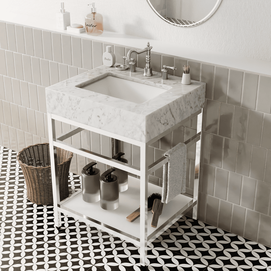 24"x21" Bathroom Carrara Marble Vanity with Sink Freestanding Console Sink(Silver Legs)