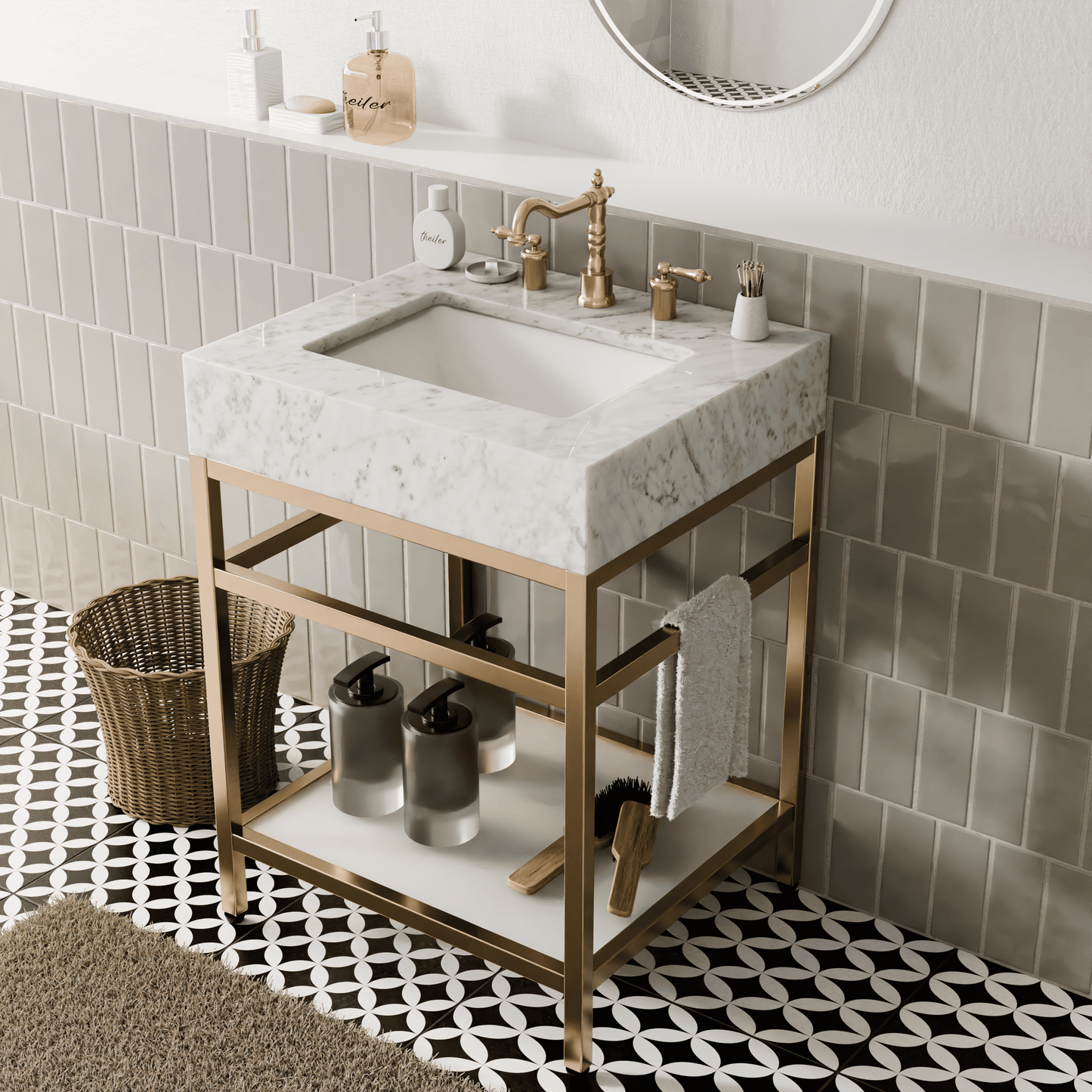 24"x21" Bathroom Carrara Marble Vanity with Sink Freestanding Console Sink(Golden Legs)