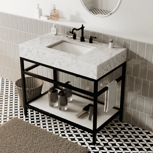 36"x21" Bathroom Carrara Marble Vanity with Sink Freestanding Console Sink(Black Legs)