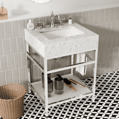 24"x21" Bathroom Carrara Marble Vanity with Sink Freestanding Console Sink(Silver Legs)