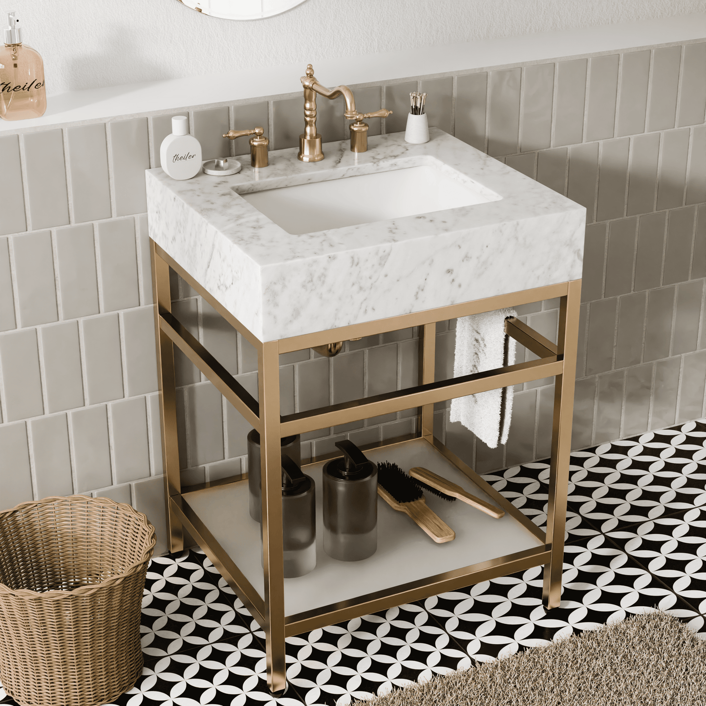 24"x21" Bathroom Carrara Marble Vanity with Sink Freestanding Console Sink(Golden Legs)