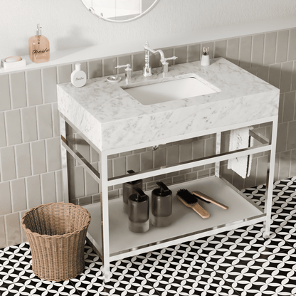 36"x21" Bathroom Carrara Marble Vanity with Sink Freestanding Console Sink(Silver Legs)