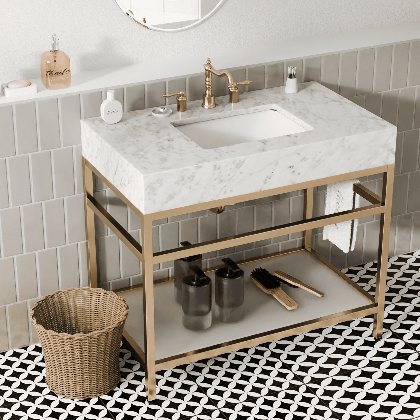 36"x21" Bathroom Carrara Marble Vanity with Sink Freestanding Console Sink(Golden Legs)