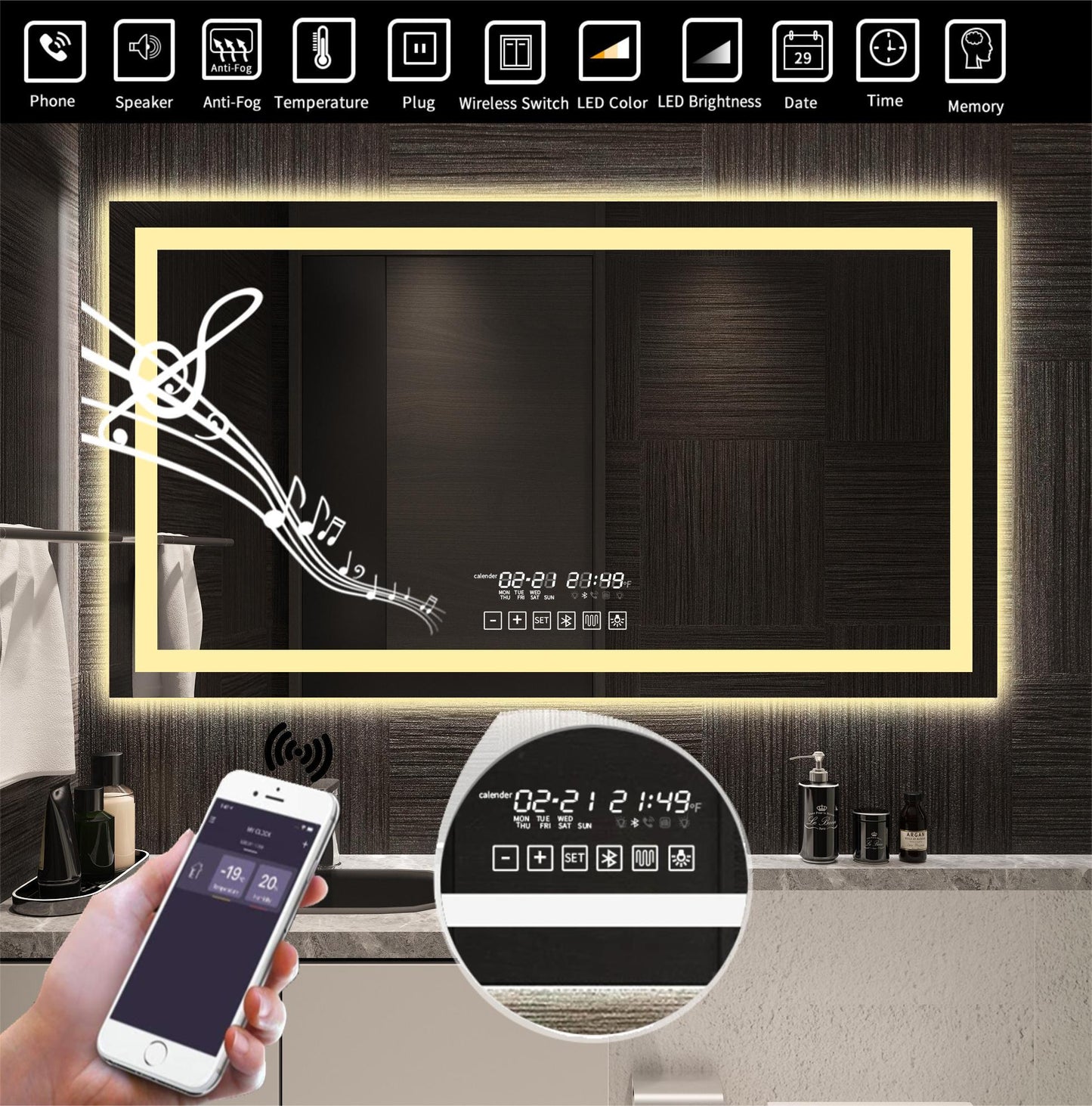 60"x36" Bathroom LED Dimmable Light Mirror with wireless Wall Switch-Inlaid