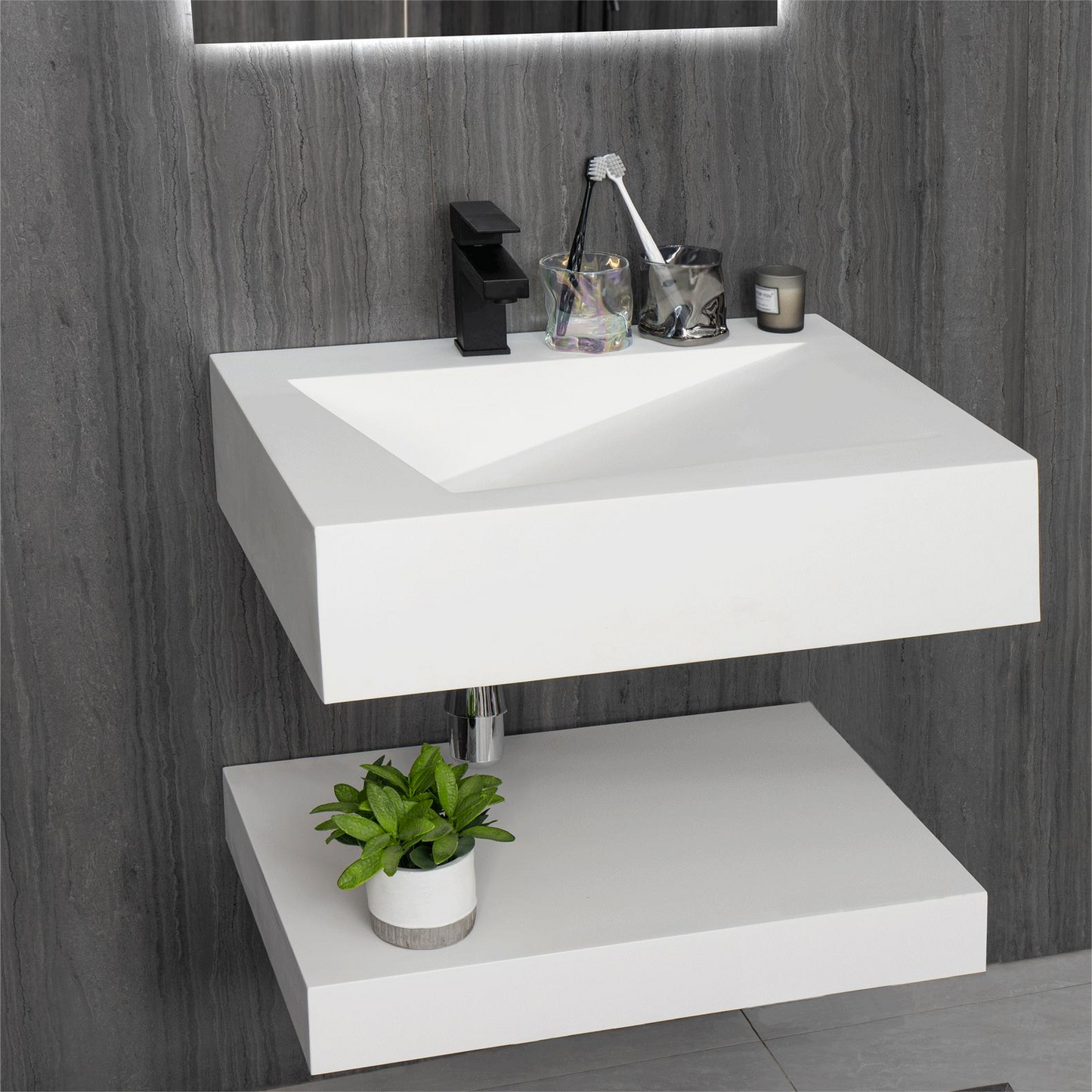 24"x19" Small Bathroom Wall Mount Floating Vanity Sink with Shelf Layer-Double Layer