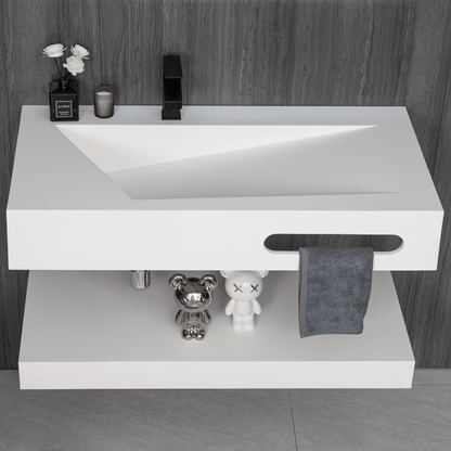 32"x19" Bathroom Wall-Mount Resin Stone Sink with Shelf Layer -Double Layer