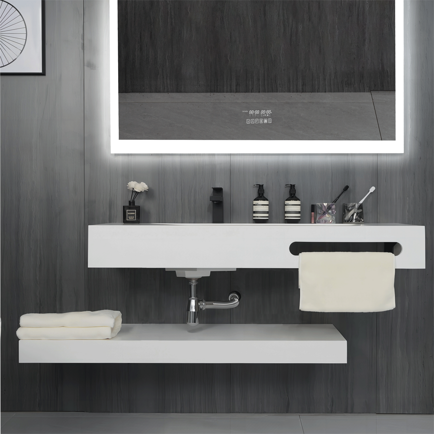 48"x19" Modern Stone Bathroom Floating Vanity Sink with Shelf Layer-Double Layer