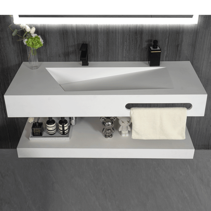 32"x19" Bathroom Wall-Mount Resin Stone Sink with Shelf Layer -Double Layer