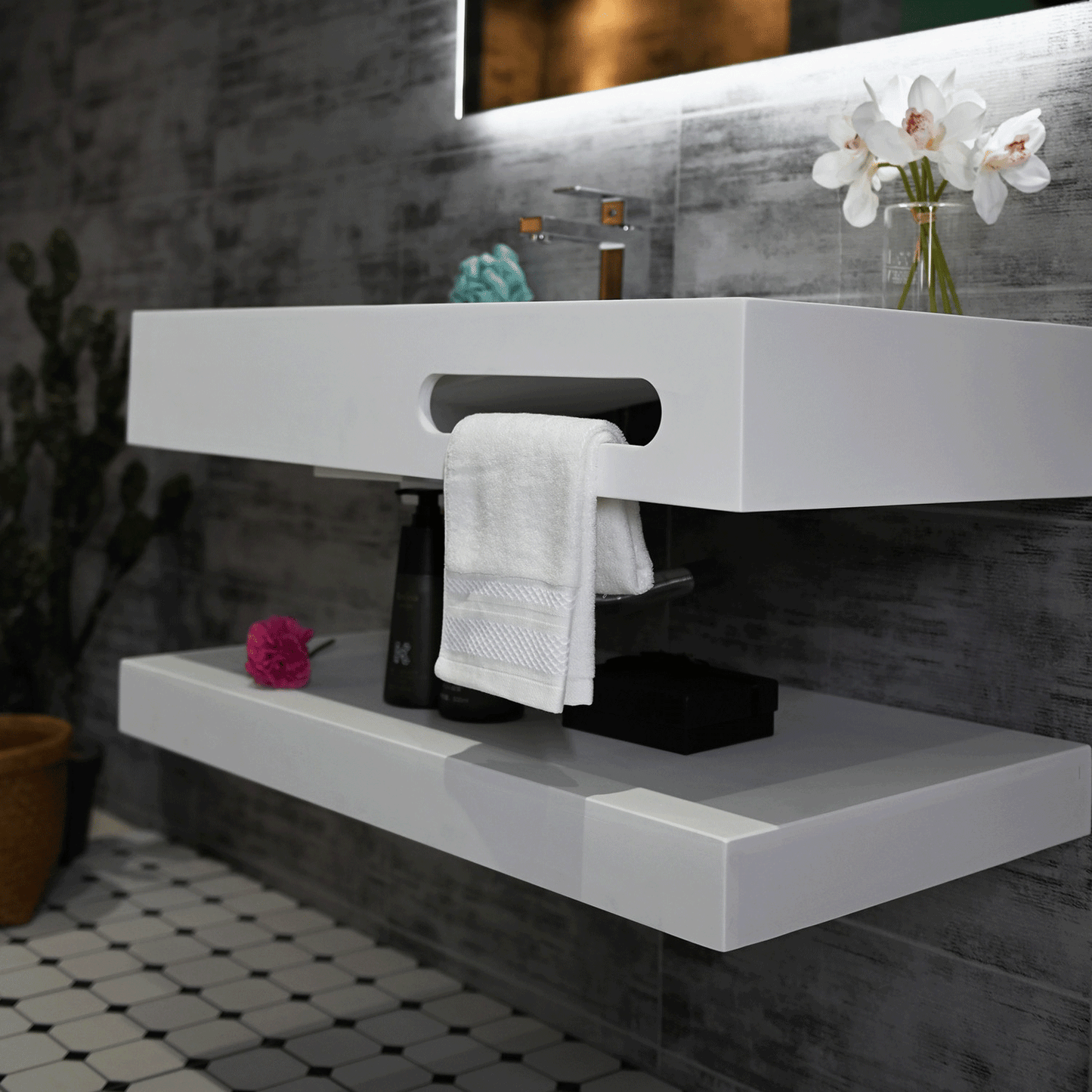 32"x19" Bathroom Wall-Mount Resin Stone Sink with Shelf Layer -Double Layer