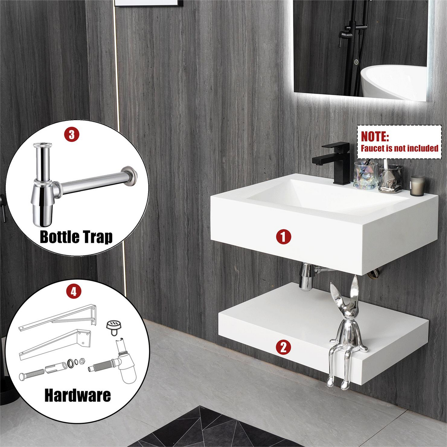 24"x19" Small Bathroom Wall Mount Floating Vanity Sink with Shelf Layer-Double Layer