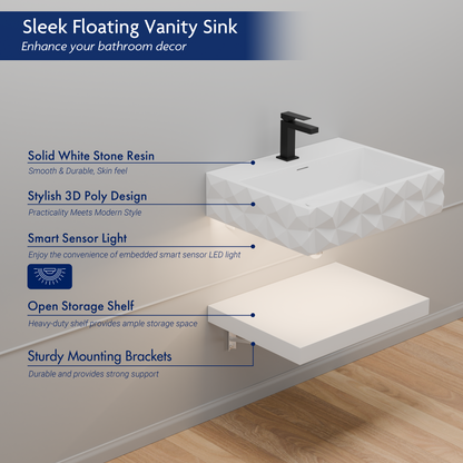 24"x19" Bathroom Wall-Mount Floating Vanity Sink with Shelf Layer with LED Smart Sensor Light