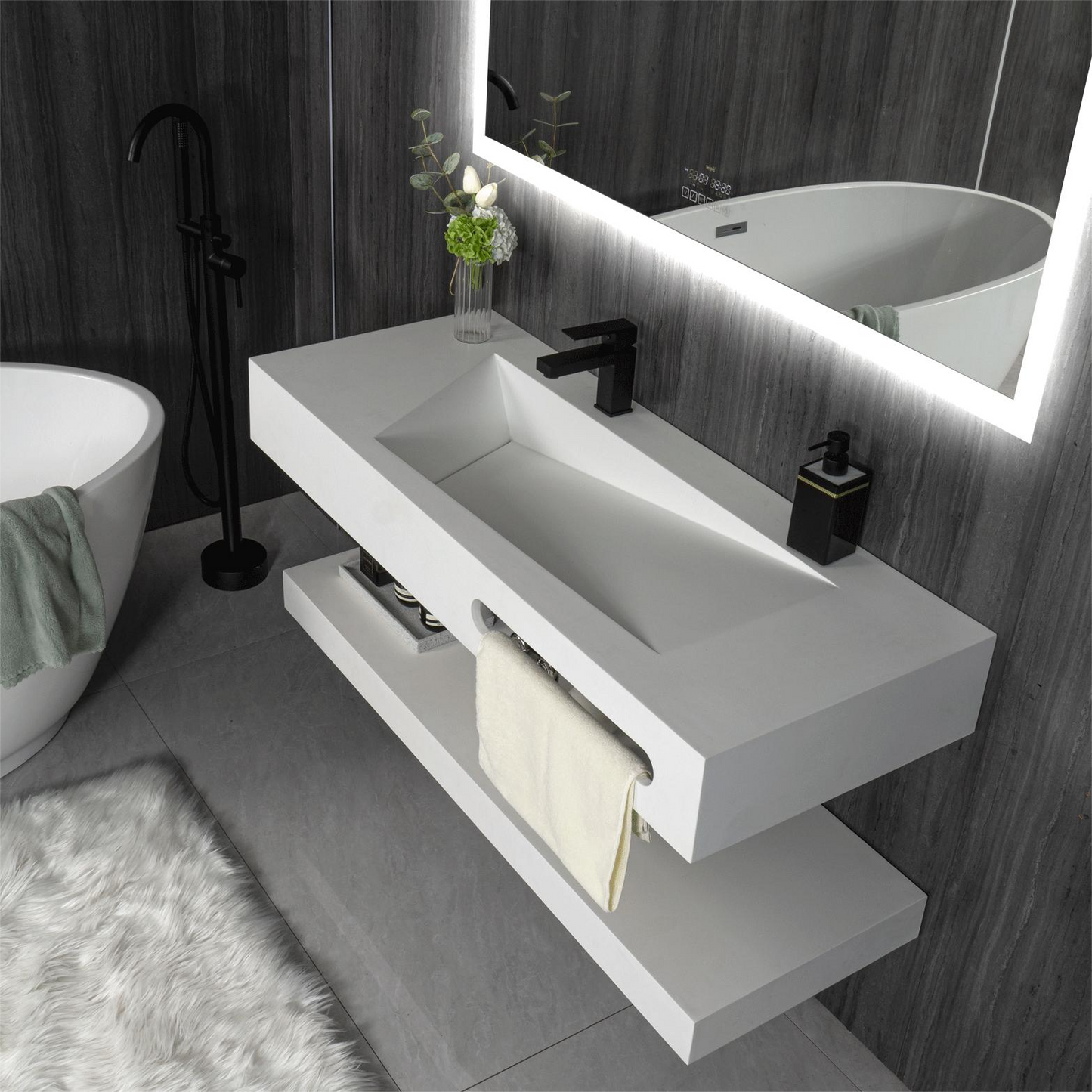 48"x19" Modern Stone Bathroom Floating Vanity Sink with Shelf Layer-Double Layer