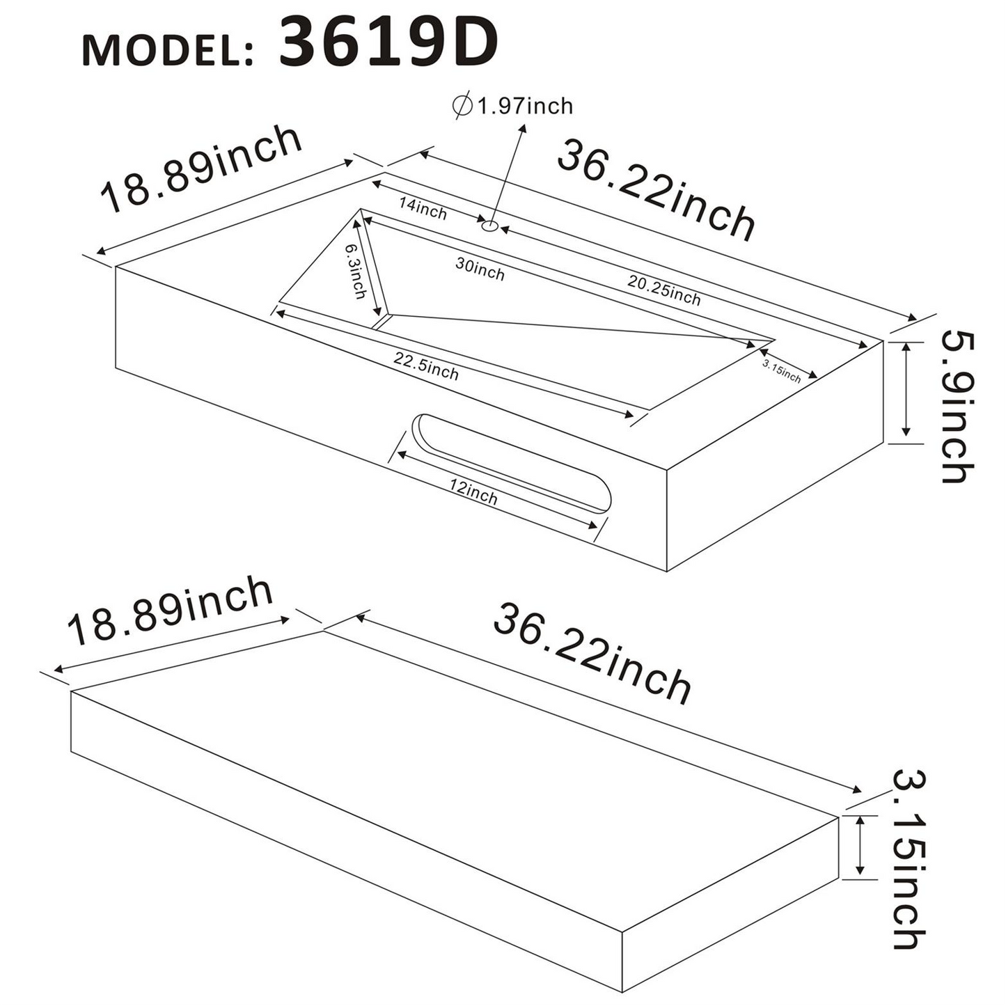 36"x19" Bathroom Wall-Mount Resin Stone Sink with Shelf Layer -Double Layer