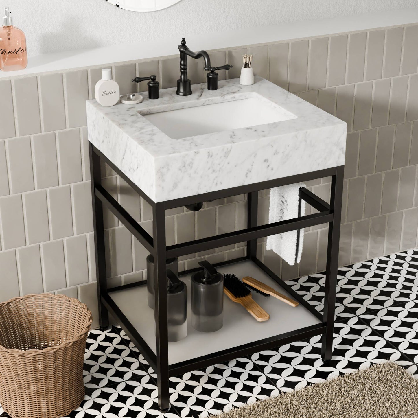 24"x21" Bathroom Carrara Marble Vanity with Sink Freestanding Console Sink(Black Legs)