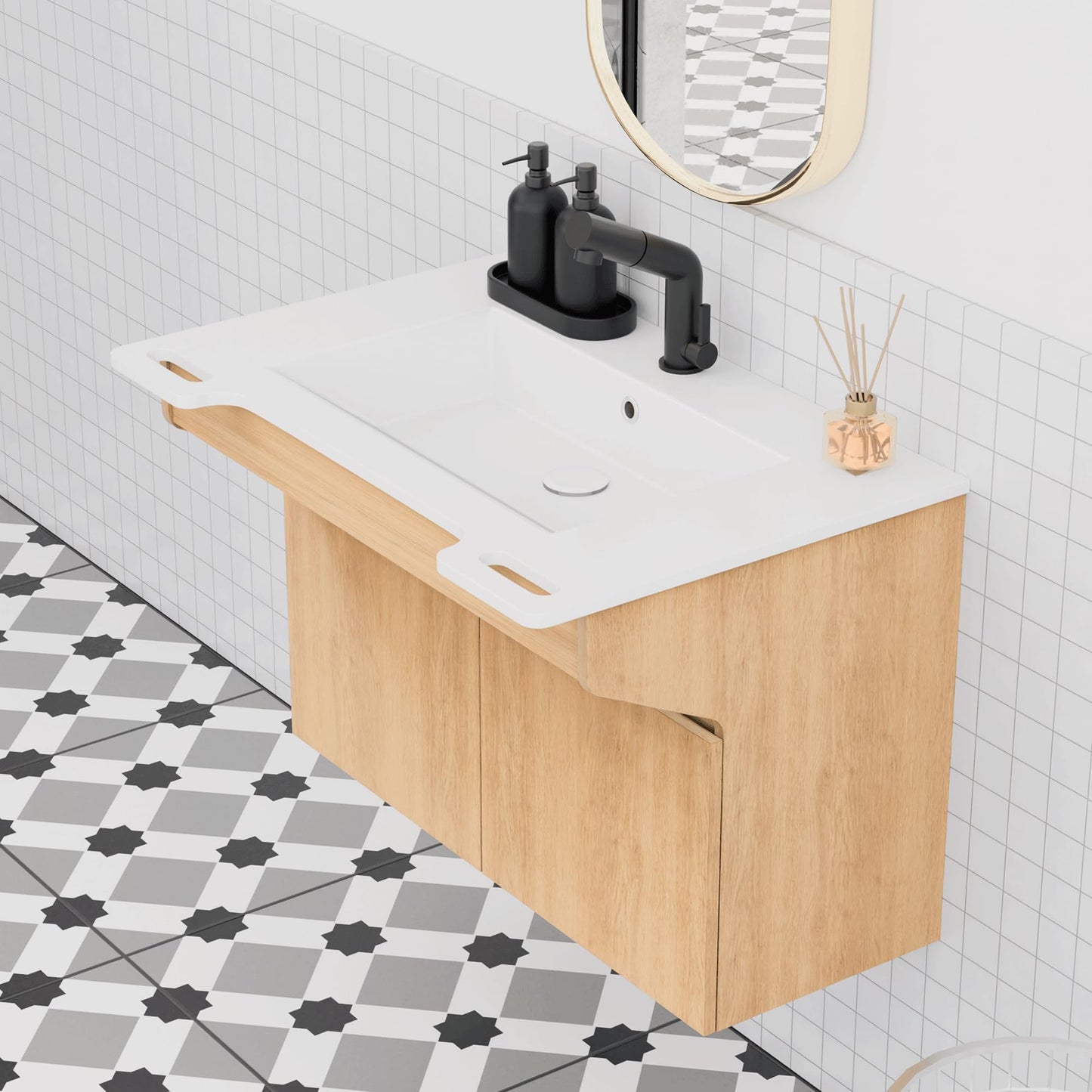 ADA Wall-Mount Stone Resin Bathroom Vanity Sink Engineered Wood Cabinet Ada Compliant Floating Vanity Modern Hand Support for Elderly, Seniors, Handicap & Disabled