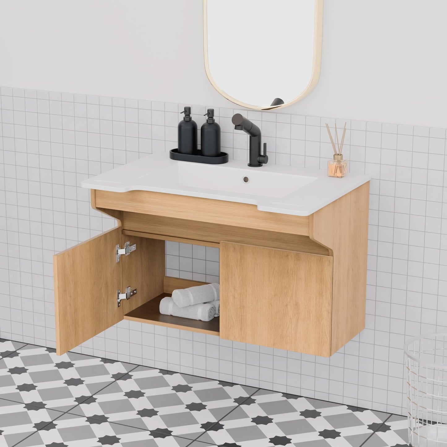 ADA Wall-Mount Stone Resin Bathroom Vanity Sink Engineered Wood Cabinet Ada Compliant Floating Vanity Modern Hand Support for Elderly, Seniors, Handicap & Disabled