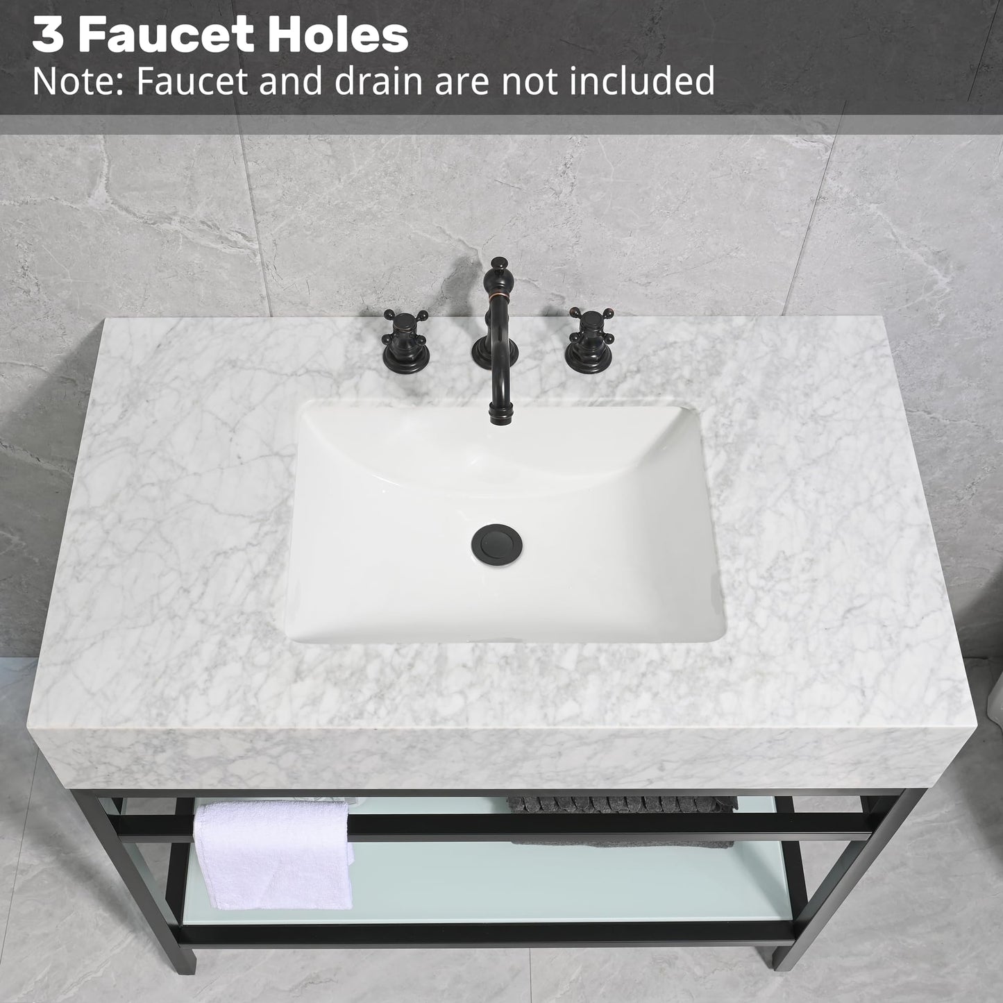 36"x21" Bathroom Carrara Marble Vanity with Sink Freestanding Console Sink(Silver Legs)