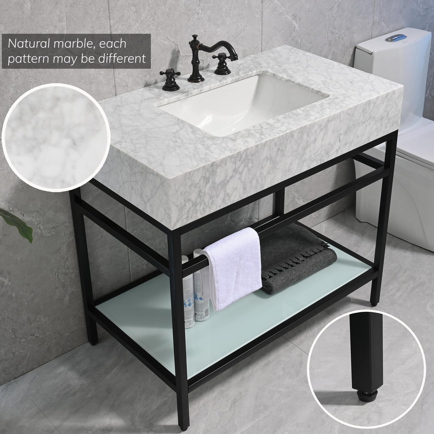 36"x21" Bathroom Carrara Marble Vanity with Sink Freestanding Console Sink(Silver Legs)